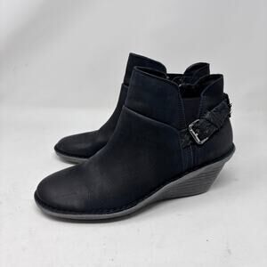 OTBT‎ Leather Bootie Womens Size 9 Rocker Black Wedge Raw Harness Buckle Detail